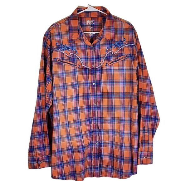 Rock 47 By Wrangler Women's Orange Blue Plaid Embroidered Button Up Shirt 3XL - Picture 1 of 10